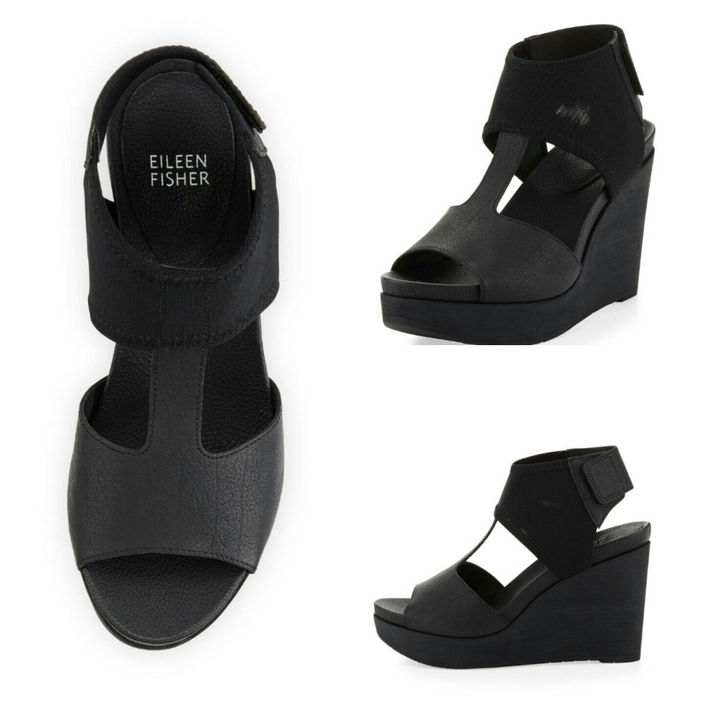 Eileen Fisher Platform Wedge Sandals Black 9 1/2